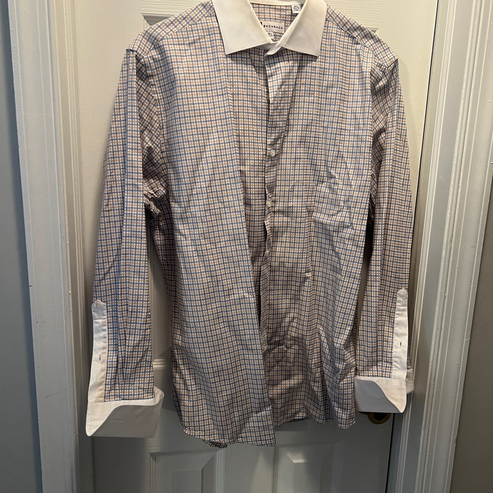 Bachrach Mens Button Down Shirt, blue and yellow with white cuffs and collar